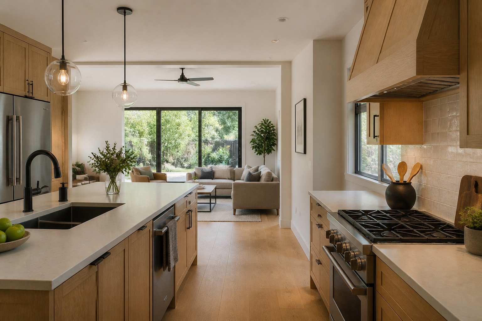 Remodeled open kitchen with oak cabinetry and dark metal fixtures